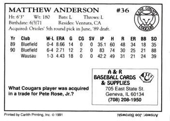 1991 A&R Kane County Cougars #NNO Matthew Anderson Back