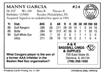 1991 A&R Kane County Cougars #NNO Manny Garcia Back