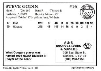 1991 A&R Kane County Cougars #NNO Steve Godin Back