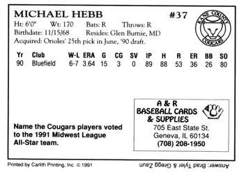 1991 A&R Kane County Cougars #NNO Michael Hebb Back