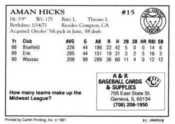 1991 A&R Kane County Cougars #NNO Aman Hicks Back
