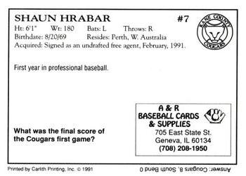 1991 A&R Kane County Cougars #NNO Shaun Hrabar Back