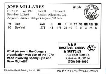 1991 A&R Kane County Cougars #NNO Jose Millares Back