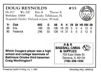 1991 A&R Kane County Cougars #NNO Doug Reynolds Back