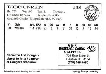1991 A&R Kane County Cougars #NNO Todd Unrein Back