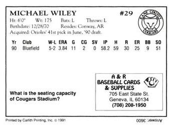 1991 A&R Kane County Cougars #NNO Michael Wiley Back