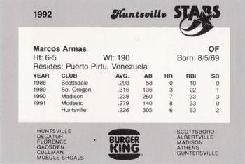 1992 Burger King Huntsville Stars #NNO Marcos Armas Back