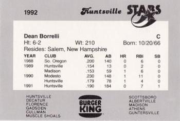 1992 Burger King Huntsville Stars #NNO Dean Borrelli Back