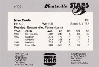 1992 Burger King Huntsville Stars #NNO Mike Conte Back