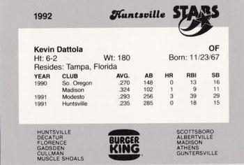 1992 Burger King Huntsville Stars #NNO Kevin Dattola Back