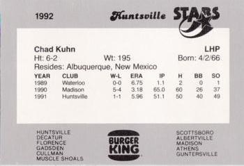 1992 Burger King Huntsville Stars #NNO Chad Kuhn Back