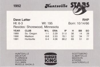 1992 Burger King Huntsville Stars #NNO Dave Latter Back