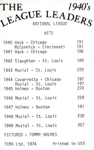 1974 TCMA The 1940's League Leaders #NNO Tommy Holmes Back