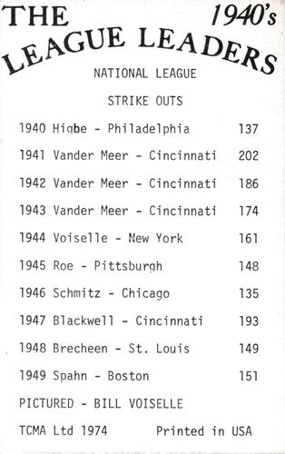 1974 TCMA The 1940's League Leaders #NNO Bill Voiselle Back