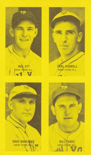 1977 Jim Rowe 4-on-1 Exhibits #NNO Dave Bancroft / Carl Hubbell / Mel Ott / Bill Terry Front