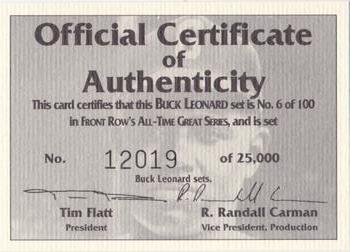 1992 Front Row All-Time Greats Buck Leonard #NNO Certificate of Authenticity Front