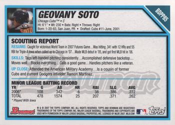 2007 Bowman Draft Picks & Prospects - Prospects #BDPP85 Geovany Soto Back