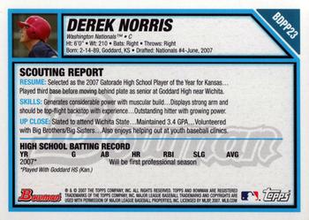 2007 Bowman Draft Picks & Prospects - Prospects #BDPP23 Derek Norris Back
