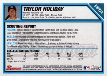 2007 Bowman Draft Picks & Prospects - Prospects #BDPP24 Taylor Holiday Back