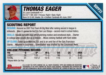 2007 Bowman Draft Picks & Prospects - Prospects #BDPP33 Thomas Eager Back