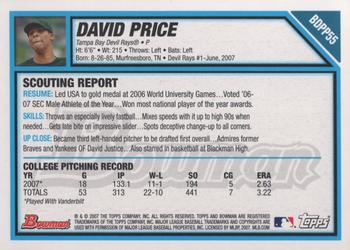 2007 Bowman Draft Picks & Prospects - Prospects #BDPP55 David Price Back