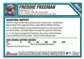 2007 Bowman Draft Picks & Prospects - Prospects #BDPP12 Freddie Freeman Back
