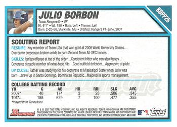 2007 Bowman Draft Picks & Prospects - Prospects #BDPP26 Julio Borbon Back