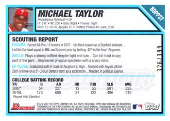 2007 Bowman Draft Picks & Prospects - Prospects Blue #BDPP37 Michael Taylor Back