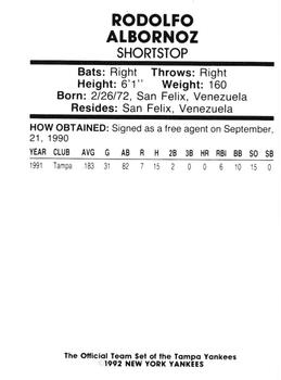 1992 Tampa Yankees #NNO Rodolfo Albornoz Back