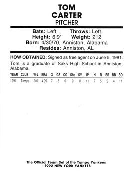 1992 Tampa Yankees #NNO Tom Carter Back