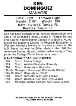 1992 Tampa Yankees #NNO Ken Dominguez Back