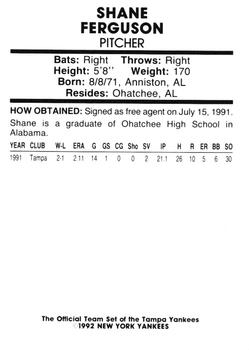 1992 Tampa Yankees #NNO Shane Ferguson Back