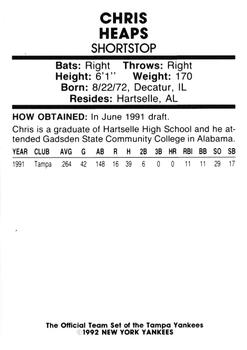 1992 Tampa Yankees #NNO Chris Heaps Back
