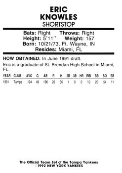 1992 Tampa Yankees #NNO Eric Knowles Back
