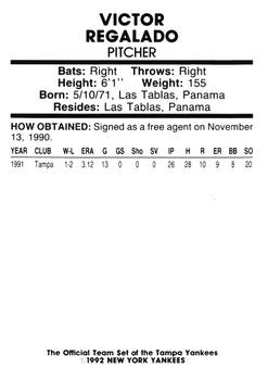 1992 Tampa Yankees #NNO Victor Regalado Back