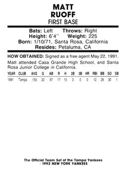 1992 Tampa Yankees #NNO Matt Ruoff Back