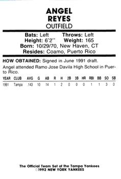 1992 Tampa Yankees #NNO Angel Reyes Back