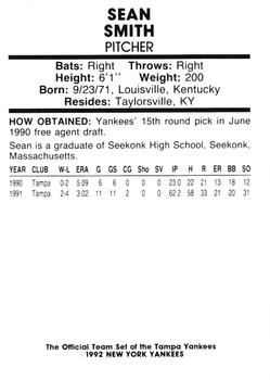 1992 Tampa Yankees #NNO Sean Smith Back