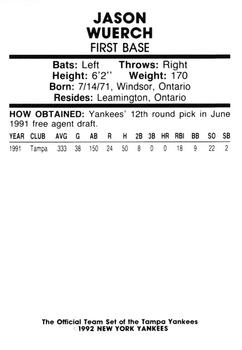1992 Tampa Yankees #NNO Jason Wuerch Back