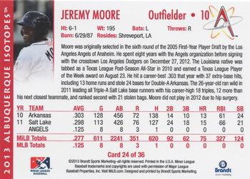 2013 Brandt Albuquerque Isotopes #24 Jeremy Moore Back