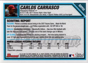 2007 Bowman Draft Picks & Prospects - Prospects Gold #BDPP68 Carlos Carrasco Back