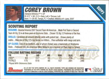 2007 Bowman Draft Picks & Prospects - Prospects Gold #BDPP3 Corey Brown Back