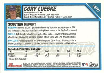 2007 Bowman Draft Picks & Prospects - Prospects Gold #BDPP7 Cory Luebke Back