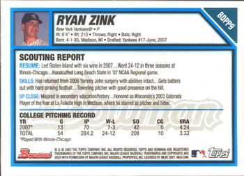 2007 Bowman Draft Picks & Prospects - Prospects Gold #BDPP9 Ryan Zink Back