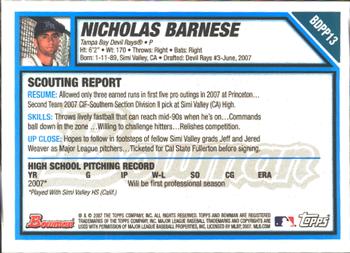 2007 Bowman Draft Picks & Prospects - Prospects Gold #BDPP13 Nicholas Barnese Back