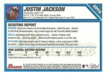 2007 Bowman Draft Picks & Prospects - Prospects Gold #BDPP30 Justin Jackson Back