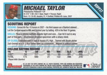 2007 Bowman Draft Picks & Prospects - Prospects Gold #BDPP37 Michael Taylor Back