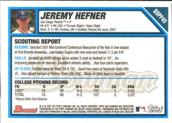 2007 Bowman Draft Picks & Prospects - Prospects Gold #BDPP40 Jeremy Hefner Back