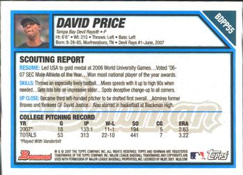 2007 Bowman Draft Picks & Prospects - Prospects Gold #BDPP55 David Price Back