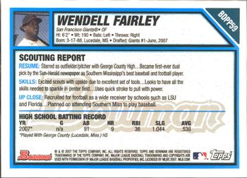 2007 Bowman Draft Picks & Prospects - Prospects Gold #BDPP59 Wendell Fairley Back